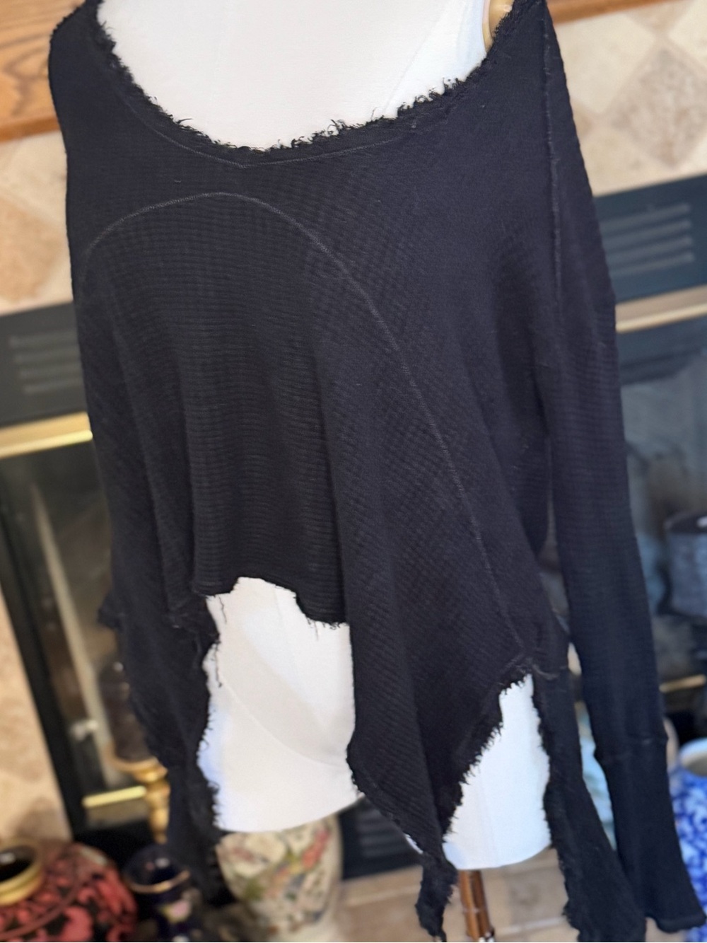 Free People Black Knit Off-Shoulder Top with Frayed Edge Women’s Small